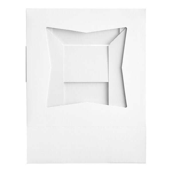 A white rectangular bakery box with a square cut out.