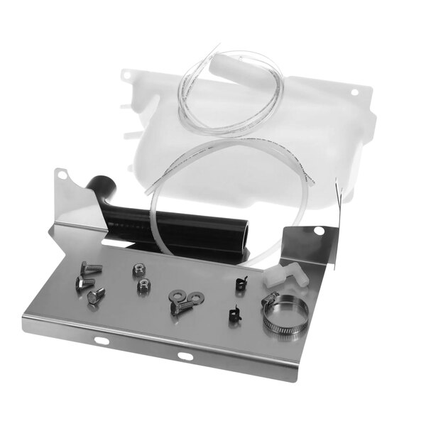 A metal piece with a clear plastic tube and a metal clamp.