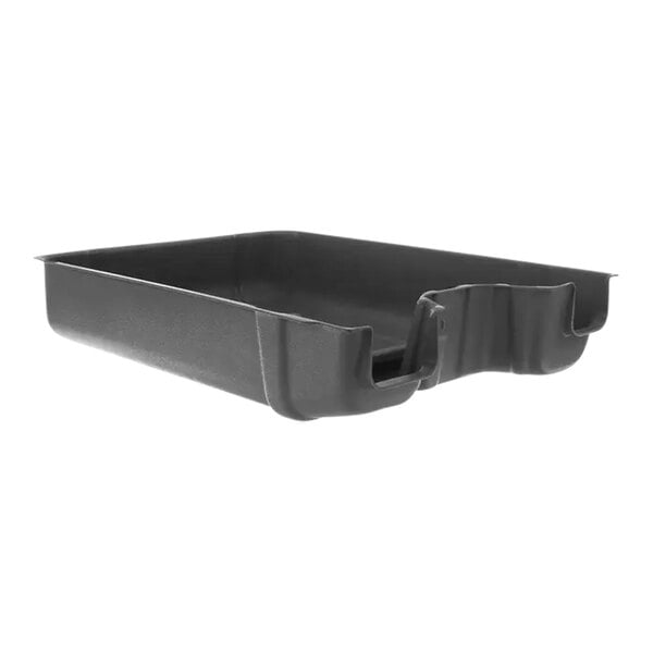 A black plastic container with two compartments and a handle.