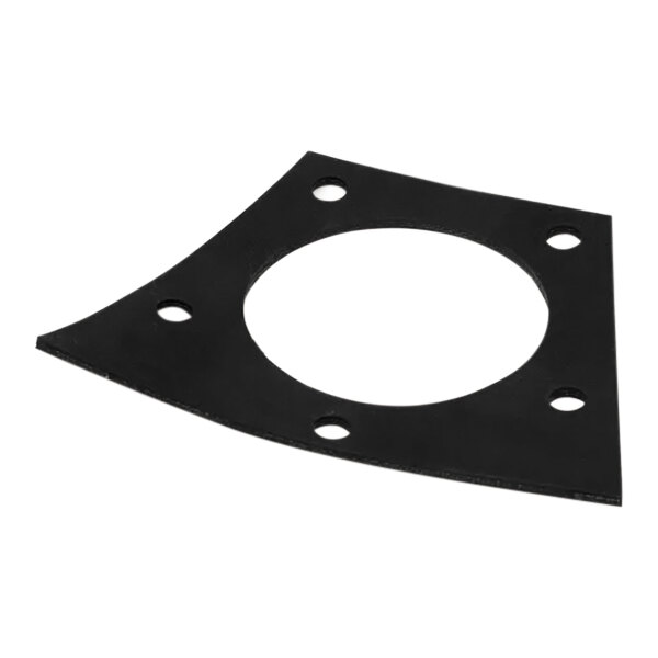 A black Hobart sump chute gasket with holes.