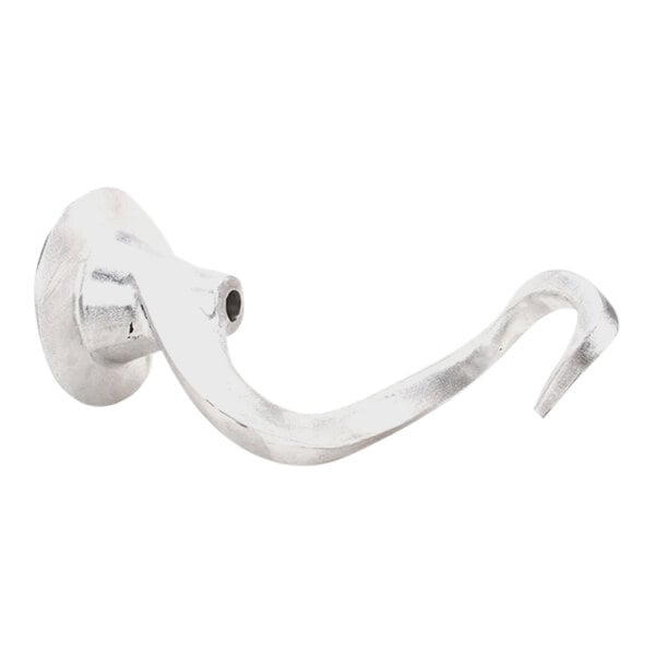 A silver metal Hobart dough hook.