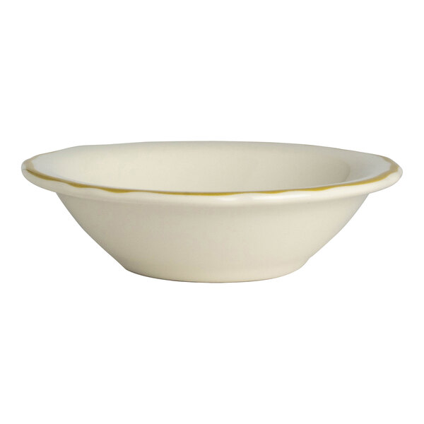 A white bowl with a gold rim.