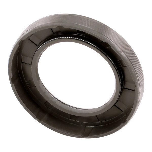 A grey circular oil seal with a clear circle.
