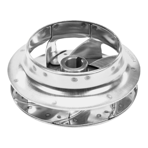 A stainless steel Hobart impeller with a circular hole.