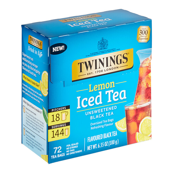 A blue box of Twinings Unsweetened Black Lemon Iced Tea Bags with yellow text and a yellow label.