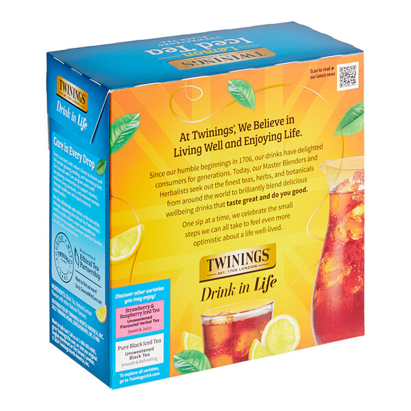 A box of Twinings Unsweetened Black Lemon Iced Tea Bags with text and images.