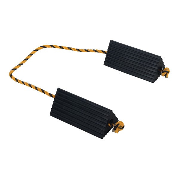 A pair of black and yellow Vestil rubber airline wheel chocks with yellow rope connections.