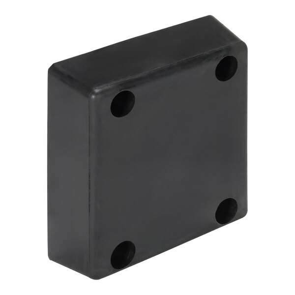A black rectangular Vestil dock bumper with holes.