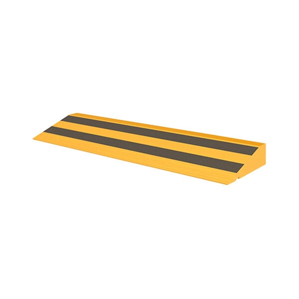 A wood ramp with a yellow and black striped edge.