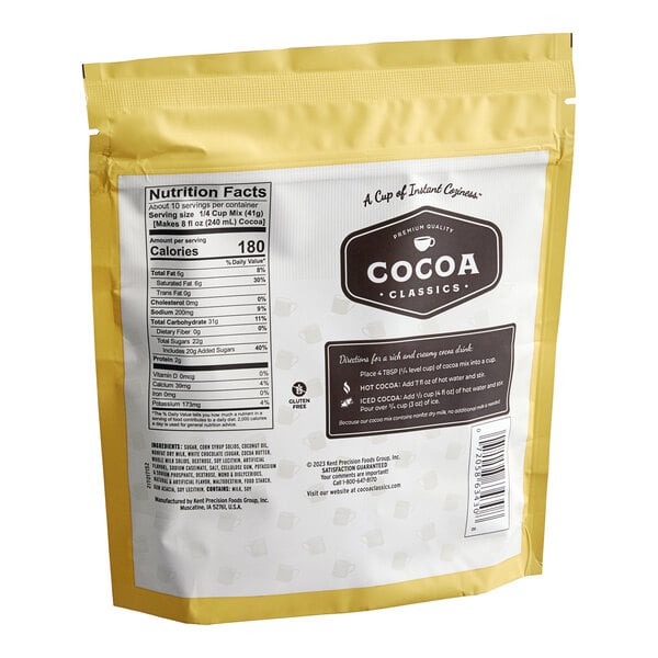 A yellow bag of Cocoa Classics Arctic White Chocolate Cocoa Mix with black and white text.