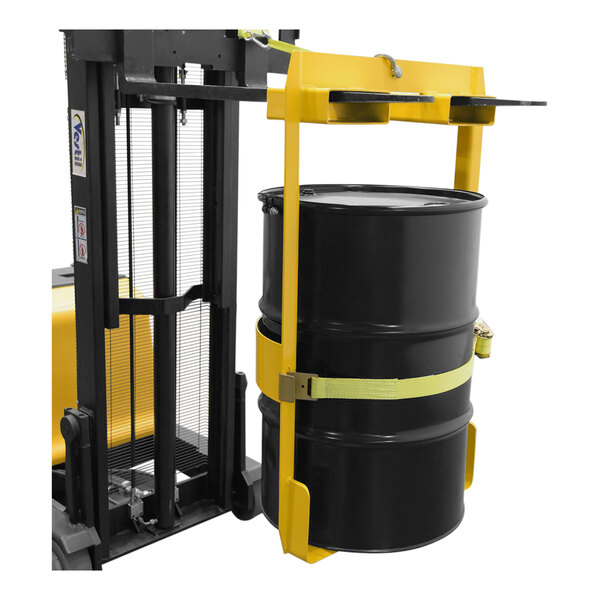 A forklift using a yellow steel Vestil forklift attachment to lift a black drum.