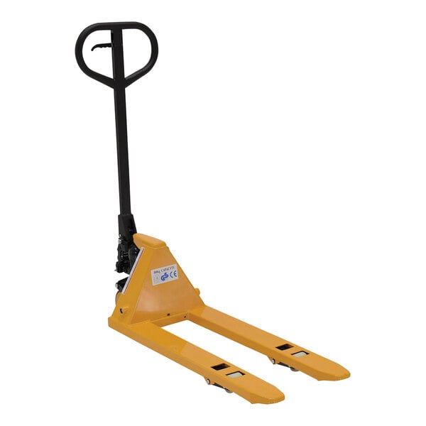 A yellow and black Vestil Steel Mini hand pallet jack.