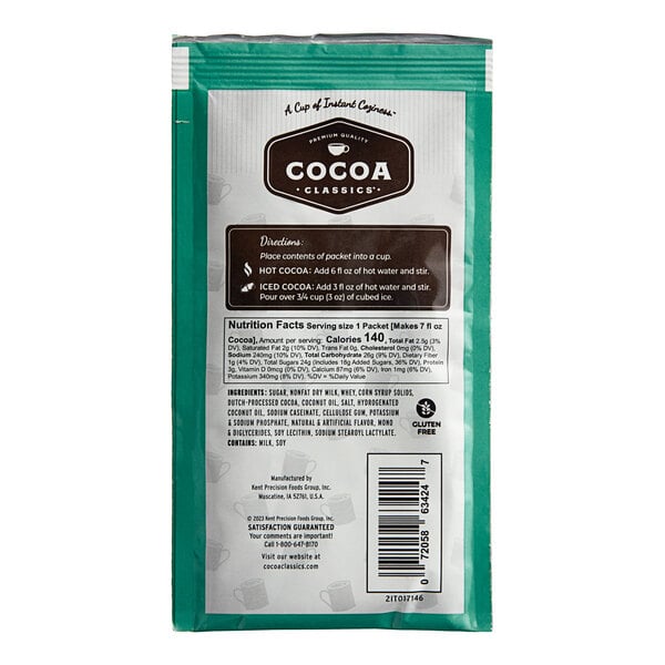 A close up of a green and white Cocoa Classics Mint and Chocolate cocoa mix packet.