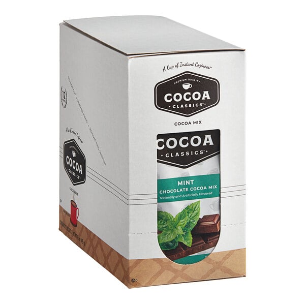 A white box of Cocoa Classics Mint and Chocolate Cocoa Mix packets with a label.