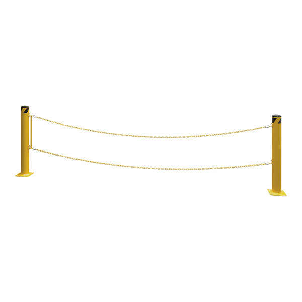 A yellow steel safety barrier with a chain attached to it.