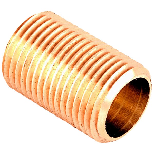 A close-up of a copper T&S brass supply nipple with threaded connections.