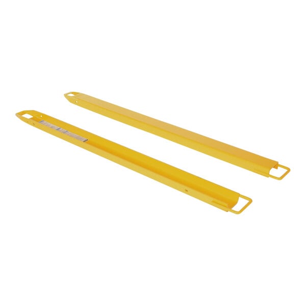 A pair of yellow metal beam extensions with yellow metal handles.