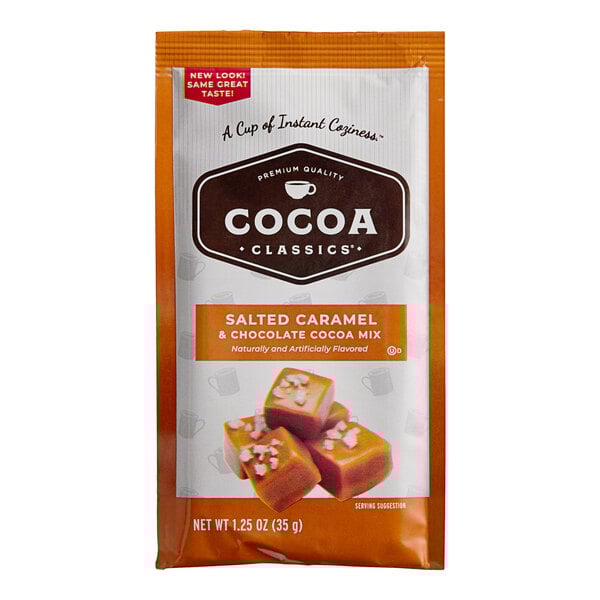 A package of Cocoa Classics Salted Caramel and Chocolate Cocoa mix packets.