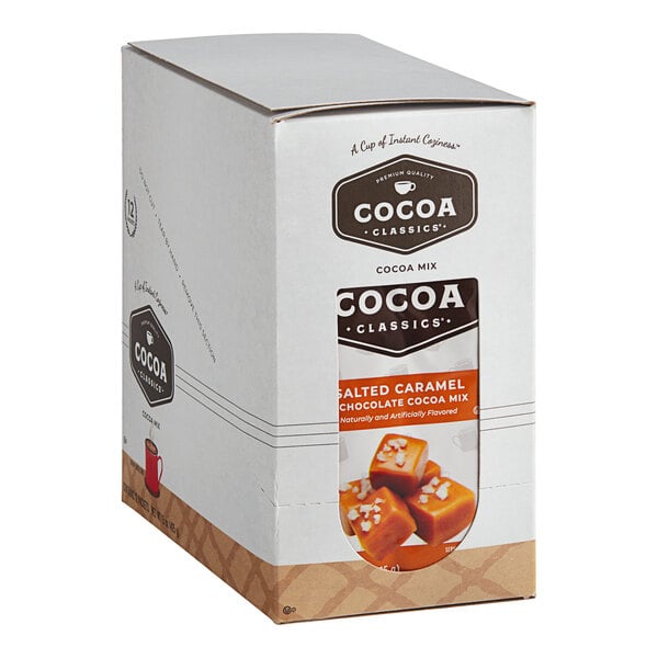A box of 72 Cocoa Classics Salted Caramel and Chocolate Cocoa Mix packets.