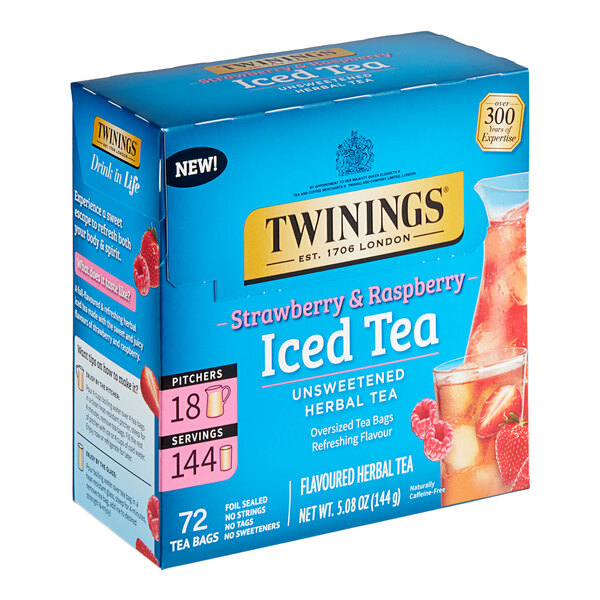 A blue box of Twinings Unsweetened Strawberry and Raspberry Herbal Iced Tea Bags with text.