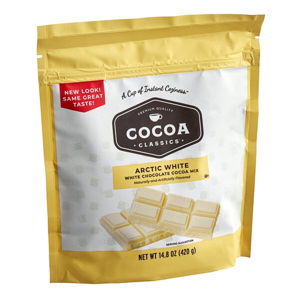 A bag of Cocoa Classics Arctic White Chocolate Cocoa Mix with white background.