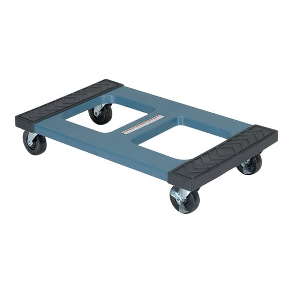 A blue plastic dolly with black wheels.