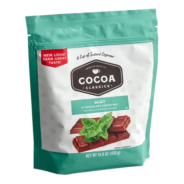 A bag of Cocoa Classics Mint and Chocolate Cocoa Mix with a leafy plant on the package.