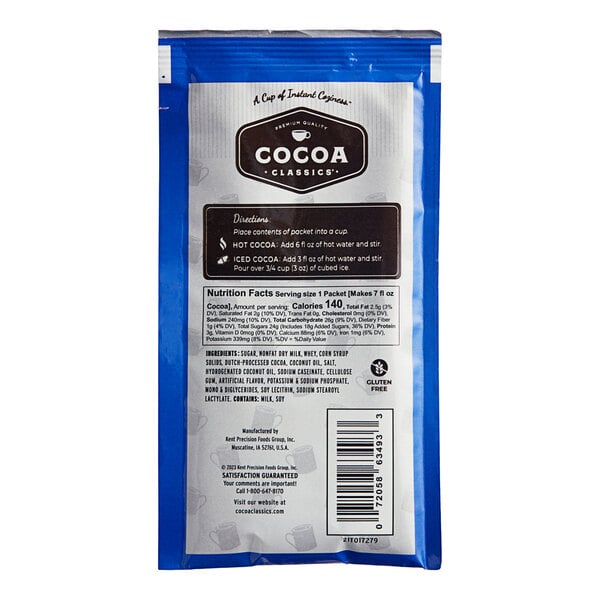A blue and white Cocoa Classics packet with black and white text.