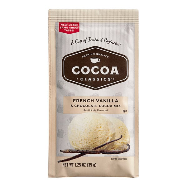 A Cocoa Classics French Vanilla and Chocolate cocoa mix packet.