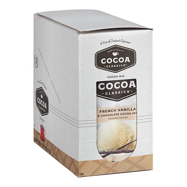 A white box of Cocoa Classics French Vanilla and Chocolate Cocoa Mix packets.