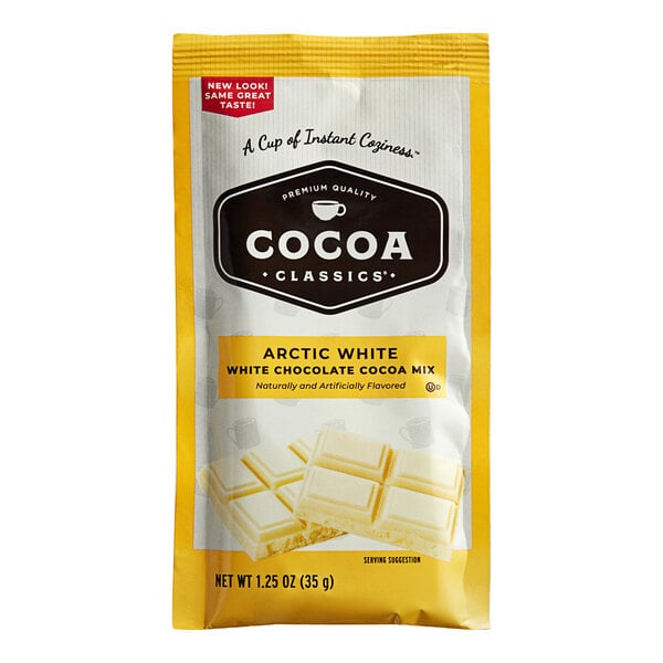 A yellow and white bag of Cocoa Classics Arctic White Chocolate Cocoa Mix packets.