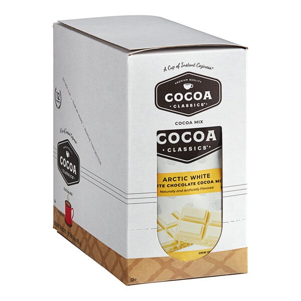 A white box of Cocoa Classics Arctic White Chocolate Cocoa mix packets.