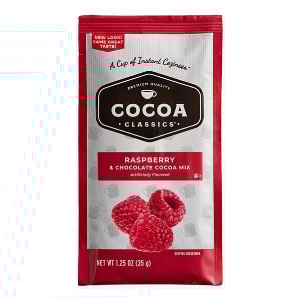 A red and white Cocoa Classics Raspberry and Chocolate Cocoa Mix packet.