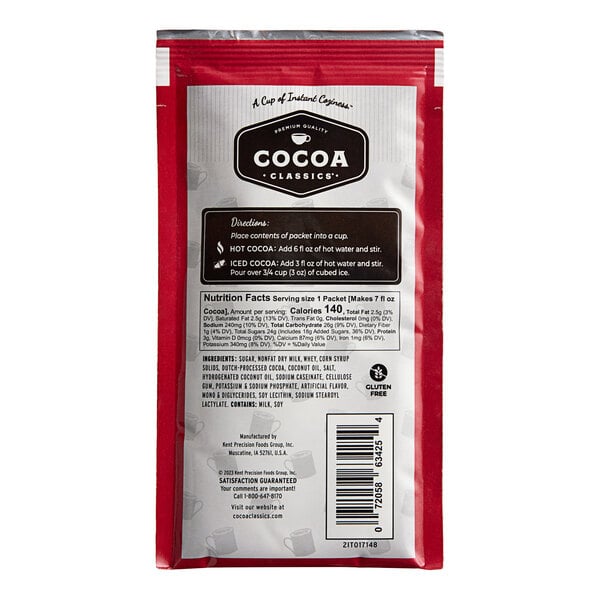 A red and white Cocoa Classics Raspberry and Chocolate packet with black and white text.