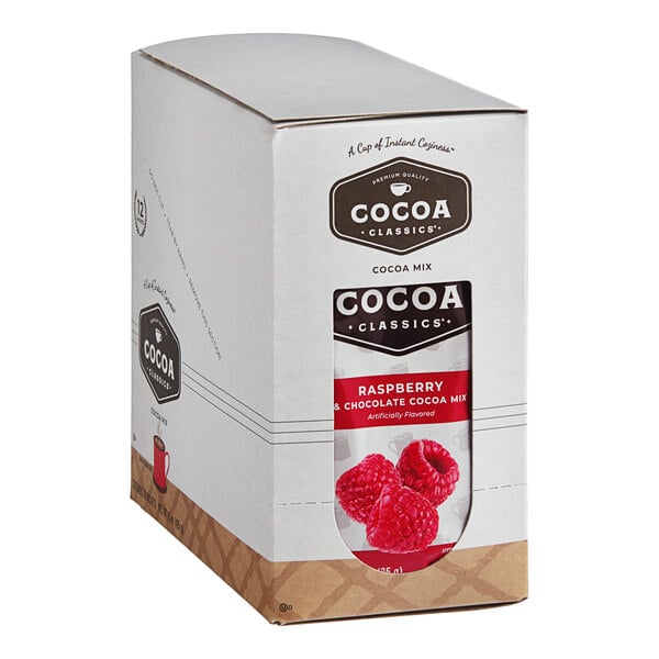 A white box of Cocoa Classics Raspberry and Chocolate Cocoa Mix packets with a red label.