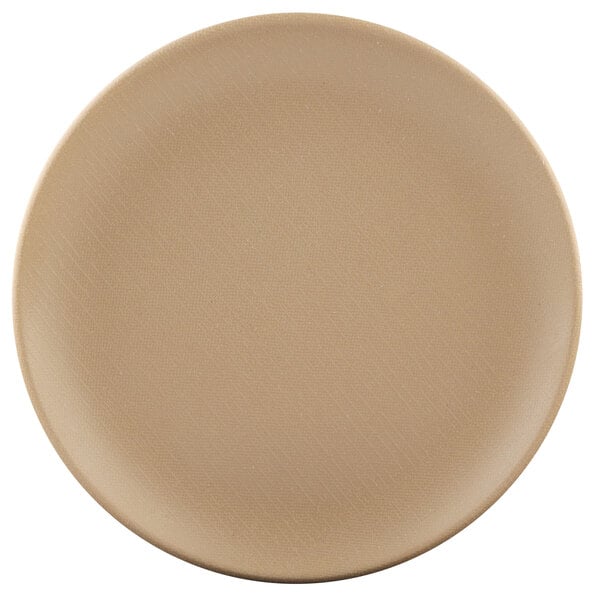 An Elite Global Solutions beige round melamine plate.