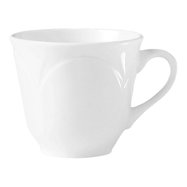 A Steelite Distinction Bianco white coffee cup with a handle.