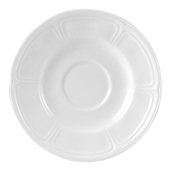 A white Steelite saucer with a circular design.