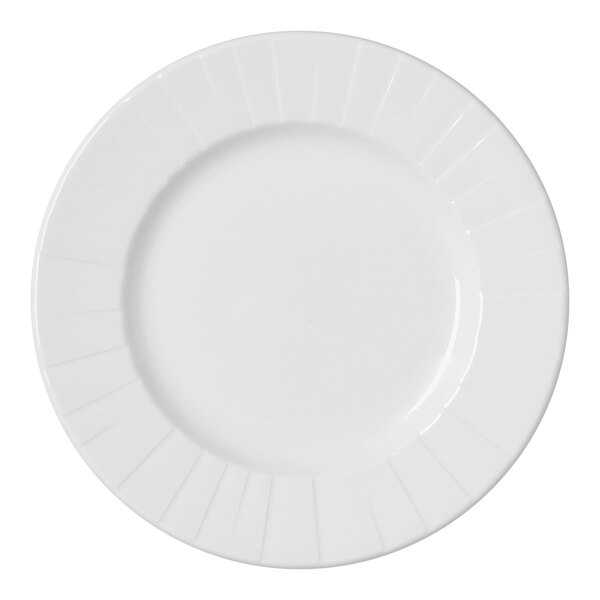 A Steelite white plate with a circular center and an embossed mid-rim.