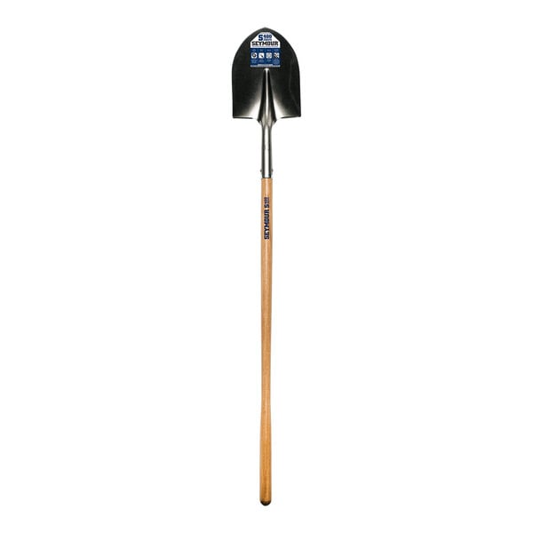A Seymour Midwest round point shovel with a wooden handle.