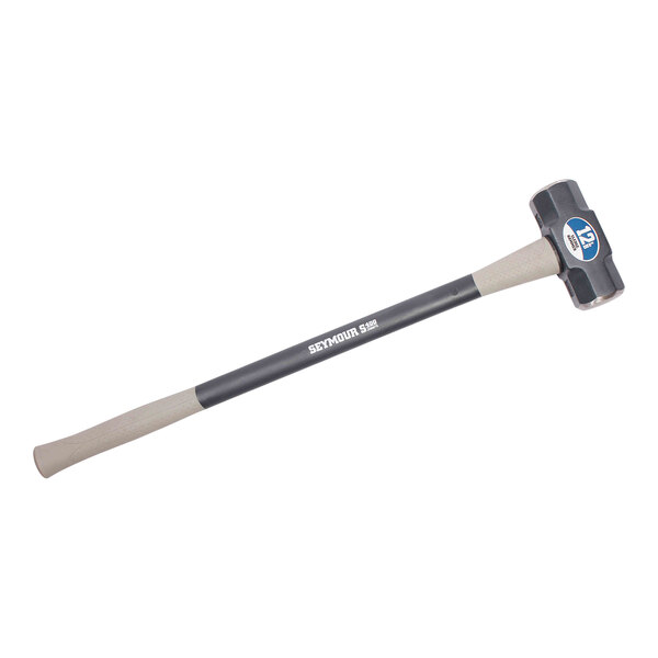 A Seymour Midwest Jobsite sledge hammer with a blue and grey cushion grip handle.