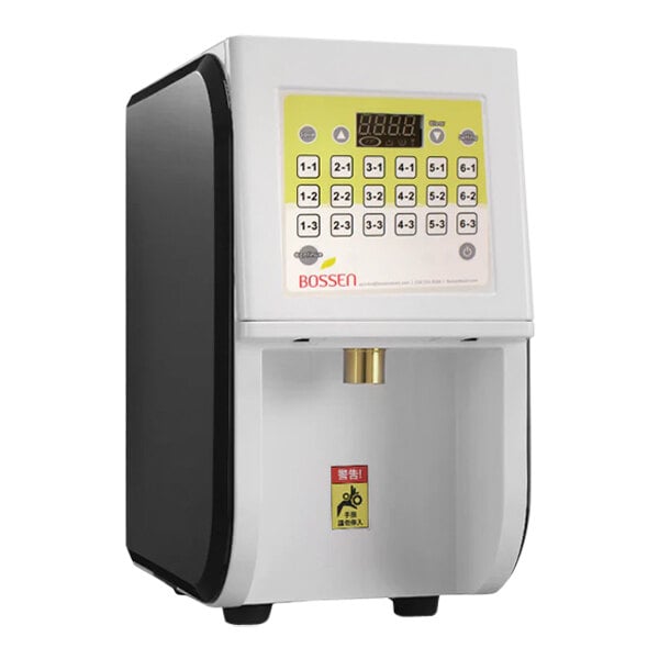 A white and black Bossen Bubble Tea Powder Dispenser with a yellow and green panel.