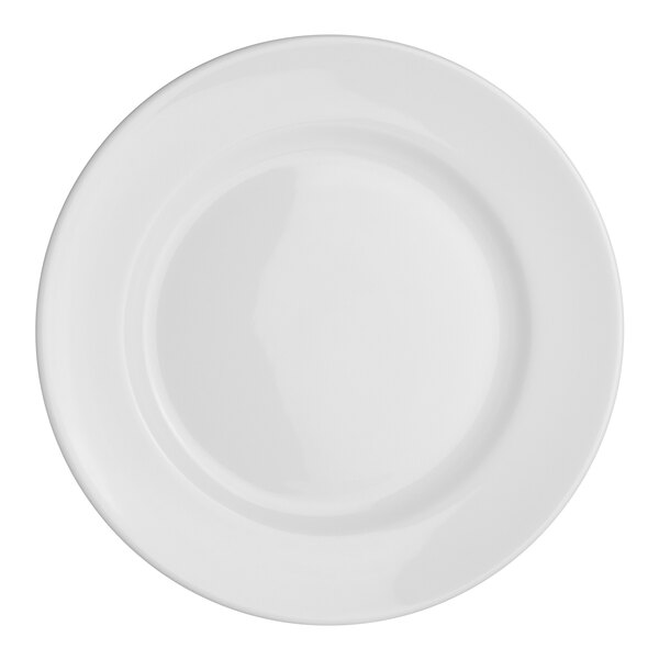 A close-up of a Steelite Distinction Monaco Vogue white plate with a white border.