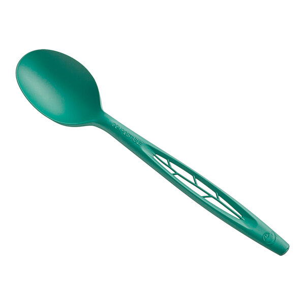 A green Stalk Market compostable spoon with a handle.