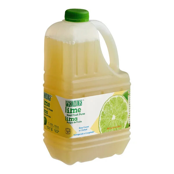 A 64 fl. oz. plastic jug of Primor lime puree with a green cap and a label featuring a lime image.