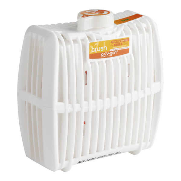 A white Oxy-Gen air freshener refill container with an orange label.