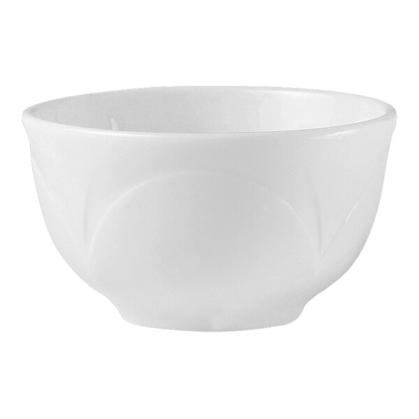 A white Steelite sugar bowl with an embossed circular design and a small handle.