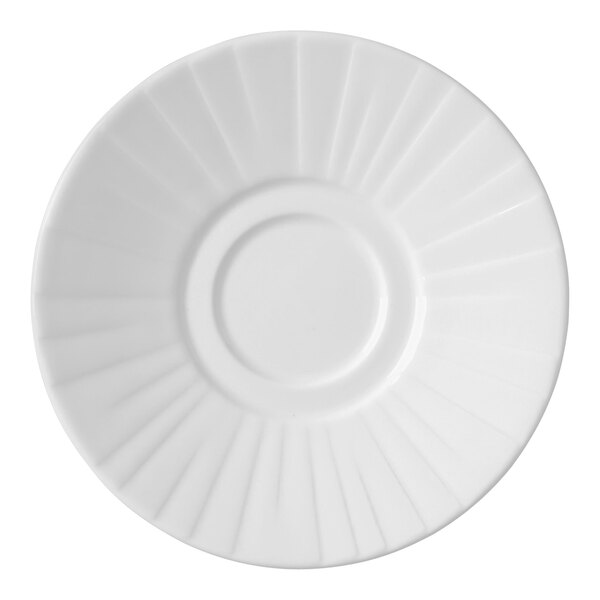 A close-up of a Steelite Alina white saucer with an embossed circular pattern.