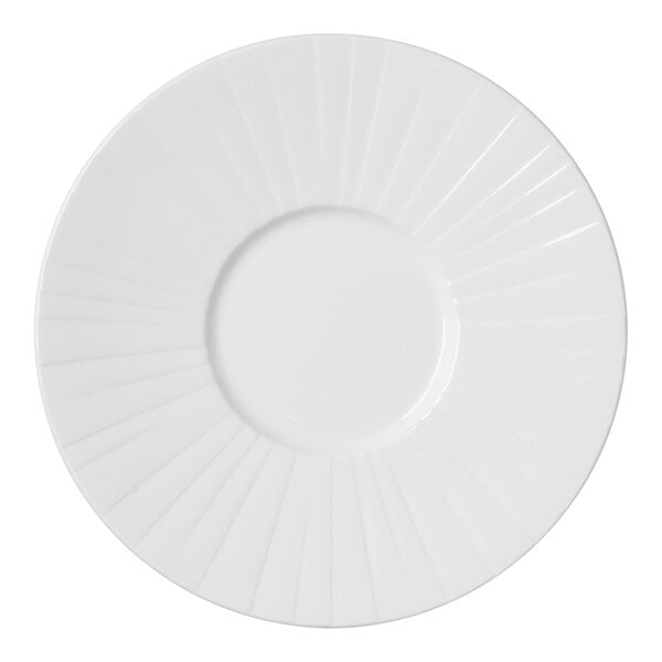 A close-up of a Steelite Alina white china plate with a circular embossed design.