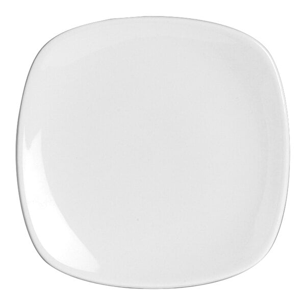 A close-up of a Steelite white square coupe plate with a white background.